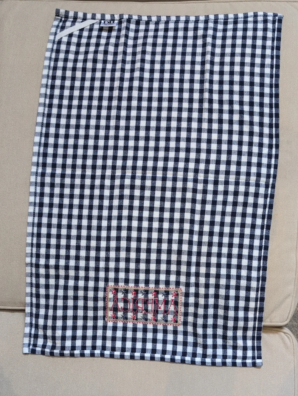 America Embroidered Navy & White Checkered Cotton Kitchen Towel Made In India